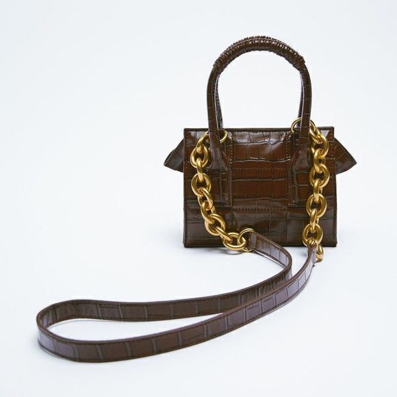 NEW ZARA ANIMAL PRINT MINI CROSSBODY BAG BROWN WITH HANDLES AND‎ CHAIN STRAP - Picture 1 of 9